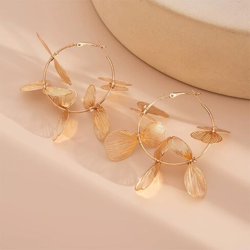 Gold Large Flower Petal Hoop Earrings Boho Retro Big Hibiscus Leaf Statement Beach Vacation Dangle Floral Charms Circle Hoops Earring Jewelry for Women in Kuwait