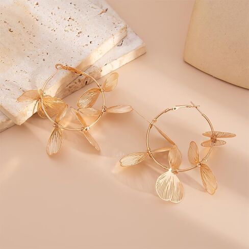 Gold Large Flower Petal Hoop Earrings Boho Retro Big Hibiscus Leaf Statement Beach Vacation Dangle Floral Charms Circle Hoops Earring Jewelry for Women in Kuwait