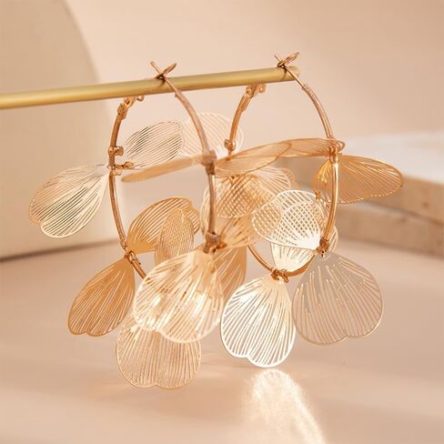 Gold Large Flower Petal Hoop Earrings Boho Retro Big Hibiscus Leaf Statement Beach Vacation Dangle Floral Charms Circle Hoops Earring Jewelry for Women in Kuwait