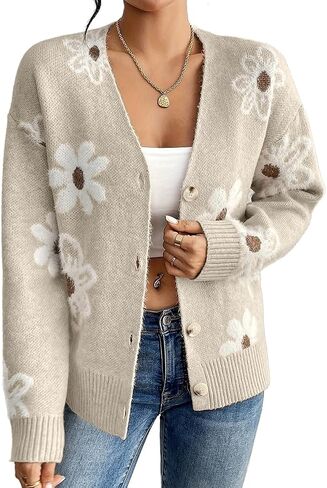 المثل العليا للسيدات ديزي سترة سترة كارديجان خريف الزر الشتاء أسفل سترات زهور الأزهار in Kuwait