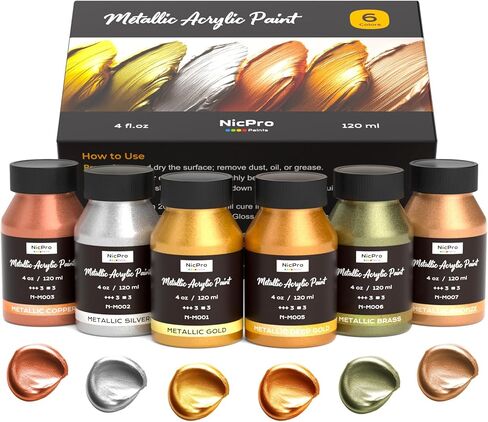Nicpro Acrylic Paint Metallic, 3 Colors Gold, Silver, Copper 8.45oz/250ml Gold Leaf Paint, Non Toxic, Non Fading for Art Painting, Handcrafts, Ideal for Multi-surface, Canvas, Wood, Clay, Metal in Kuwait