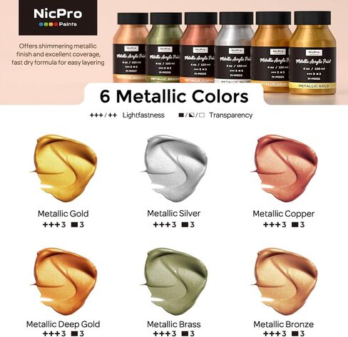Nicpro Acrylic Paint Metallic, 3 Colors Gold, Silver, Copper 8.45oz/250ml Gold Leaf Paint, Non Toxic, Non Fading for Art Painting, Handcrafts, Ideal for Multi-surface, Canvas, Wood, Clay, Metal in Kuwait