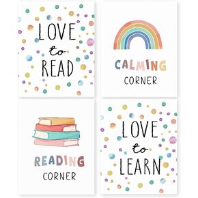 HRQKO CORNER CORNER CARRAMRY CASSROOM CLASSING PRINTS PESTER SET من 4 ، ركن القراءة للأطفال ، تهدئة عمل فني للركن ، قم بتصوير ملصقات الجدار ، قراءة ديكور لافتة لغرفة القراءة 8 "x10" دون إطارها in Kuwait