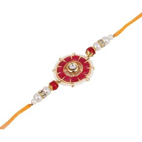 Latest 2025 Traditional Rakhi Bracelet For Brothers with Red Floral Design, Pearl Beads and Crystal Accent, Orange Thread in Saudi Arabia