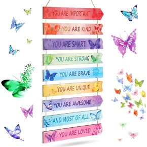 CHENGU 9 Pieces Butterfly Wooden Rustic Wall Hanging Plaque Sign Boho Rainbow Watercolor Inspirational Positive Quotes Wall Art Decor for Teens Girl Bedroom Princess Toddler Room (Butterfly) in Kuwait