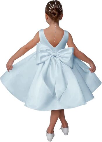 Satin Flower Girl Dress for Wedding Kids Sleeveless V-Back Long Princess Pageant Party Dresses Bowknot Prom Ball Gowns in Saudi Arabia