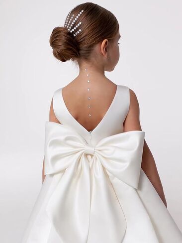 Satin Flower Girl Dress for Wedding Kids Sleeveless V-Back Long Princess Pageant Party Dresses Bowknot Prom Ball Gowns in Saudi Arabia