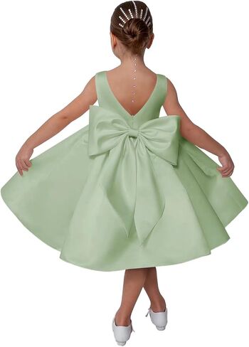 Satin Flower Girl Dress for Wedding Kids Sleeveless V-Back Long Princess Pageant Party Dresses Bowknot Prom Ball Gowns in Saudi Arabia
