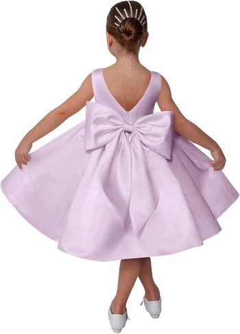Satin Flower Girl Dress for Wedding Kids Sleeveless V-Back Long Princess Pageant Party Dresses Bowknot Prom Ball Gowns in Saudi Arabia