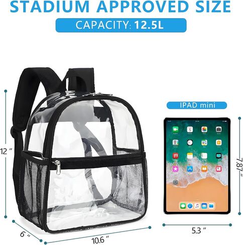 وافق ملعب Clear Backpack على 12x6x12 - حقيبة ظهر صغيرة للبالغين للبالغين للمدرسة والعمل والرياضة والحفلات الموسيقية - حقيبة Clear in Kuwait