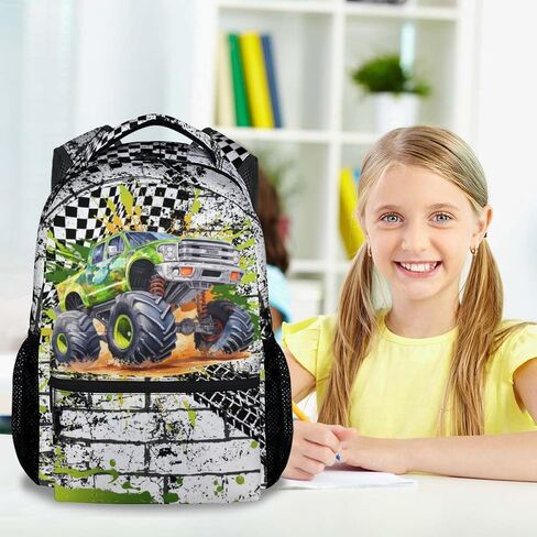 Kids Backpack for Kindergarten, 17 Inch Funny Truck Backpacks for Boys, Green Large Capacity Bookbag for Middle School in Kuwait
