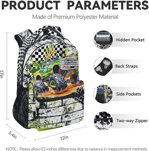 Kids Backpack for Kindergarten, 17 Inch Funny Truck Backpacks for Boys, Green Large Capacity Bookbag for Middle School in Kuwait