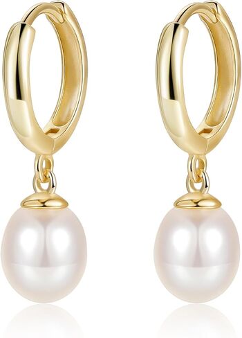 EAMTI Pearl Earrings for Women Trendy 925 Sterling Silver Freshwater Cultured Pearl Huggie Hoop Drop Earrings 14K Gold Plated in Saudi Arabia