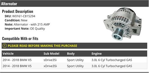 المولد - 215 أمبير - متوافق مع 2014-2018 BMW X5 Sport Utility 3.0L 6 أسطوانات غاز توربو in Saudi Arabia