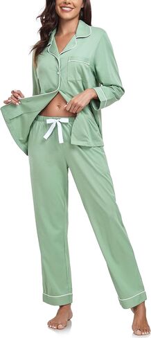 anliqi 100 ٪ من بيجامات القطن للنساء زر أسفل بيجاماس الأكمام طويلة و pant sleepwear onoungwear pj مجموعة مع جيب in Kuwait