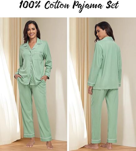 anliqi 100 ٪ من بيجامات القطن للنساء زر أسفل بيجاماس الأكمام طويلة و pant sleepwear onoungwear pj مجموعة مع جيب in Kuwait