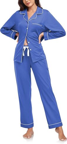 anliqi 100 ٪ من بيجامات القطن للنساء زر أسفل بيجاماس الأكمام طويلة و pant sleepwear onoungwear pj مجموعة مع جيب in Kuwait