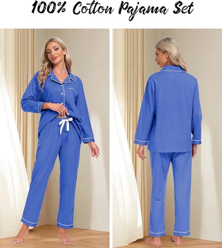 anliqi 100 ٪ من بيجامات القطن للنساء زر أسفل بيجاماس الأكمام طويلة و pant sleepwear onoungwear pj مجموعة مع جيب in Kuwait