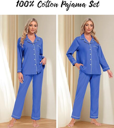 anliqi 100 ٪ من بيجامات القطن للنساء زر أسفل بيجاماس الأكمام طويلة و pant sleepwear onoungwear pj مجموعة مع جيب in Kuwait