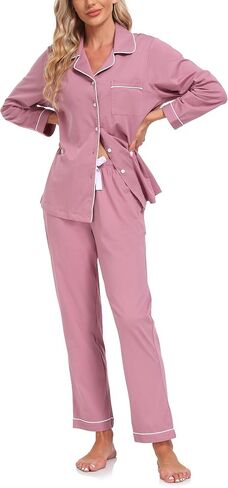 anliqi 100 ٪ من بيجامات القطن للنساء زر أسفل بيجاماس الأكمام طويلة و pant sleepwear onoungwear pj مجموعة مع جيب in Kuwait