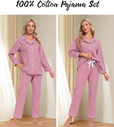 anliqi 100 ٪ من بيجامات القطن للنساء زر أسفل بيجاماس الأكمام طويلة و pant sleepwear onoungwear pj مجموعة مع جيب in Kuwait
