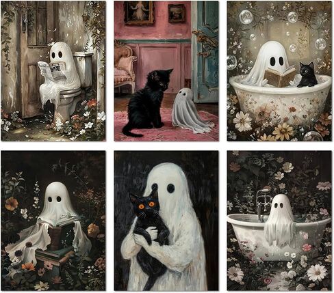 Vintage Ghost and Black Cat Wall Art Set of 6 Cute Spooky Halloween Poster Prints for Bathroom Bedroom Kids Room Spooky Reading Bathtub Ghost Picture Painting Unframed 8x10 Inch Wall Decor in Saudi Arabia