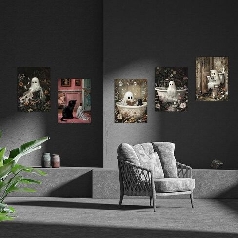 Vintage Ghost and Black Cat Wall Art Set of 6 Cute Spooky Halloween Poster Prints for Bathroom Bedroom Kids Room Spooky Reading Bathtub Ghost Picture Painting Unframed 8x10 Inch Wall Decor in Saudi Arabia