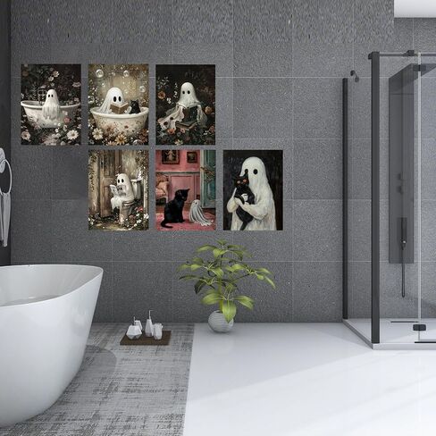 Vintage Ghost and Black Cat Wall Art Set of 6 Cute Spooky Halloween Poster Prints for Bathroom Bedroom Kids Room Spooky Reading Bathtub Ghost Picture Painting Unframed 8x10 Inch Wall Decor in Saudi Arabia