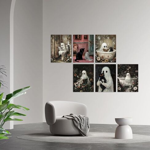 Vintage Ghost and Black Cat Wall Art Set of 6 Cute Spooky Halloween Poster Prints for Bathroom Bedroom Kids Room Spooky Reading Bathtub Ghost Picture Painting Unframed 8x10 Inch Wall Decor in Saudi Arabia
