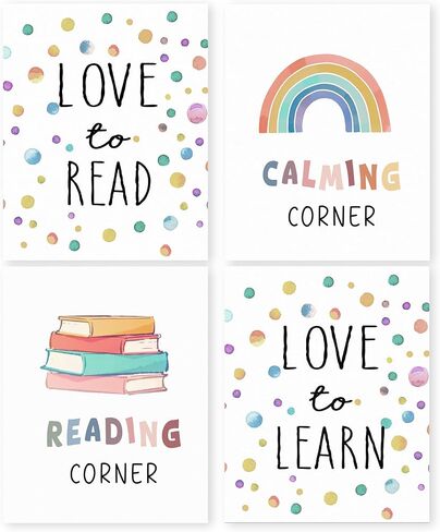 HRQKO CORNER CORNER CARRAMRY CASSROOM CLASSING PRINTS PESTER SET من 4 ، ركن القراءة للأطفال ، تهدئة عمل فني للركن ، قم بتصوير ملصقات الجدار ، قراءة ديكور لافتة لغرفة القراءة 8 "x10" دون إطارها in Saudi Arabia