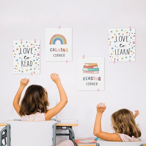 HRQKO CORNER CORNER CARRAMRY CASSROOM CLASSING PRINTS PESTER SET من 4 ، ركن القراءة للأطفال ، تهدئة عمل فني للركن ، قم بتصوير ملصقات الجدار ، قراءة ديكور لافتة لغرفة القراءة 8 "x10" دون إطارها in Saudi Arabia