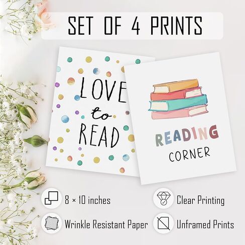 HRQKO CORNER CORNER CARRAMRY CASSROOM CLASSING PRINTS PESTER SET من 4 ، ركن القراءة للأطفال ، تهدئة عمل فني للركن ، قم بتصوير ملصقات الجدار ، قراءة ديكور لافتة لغرفة القراءة 8 "x10" دون إطارها in Saudi Arabia