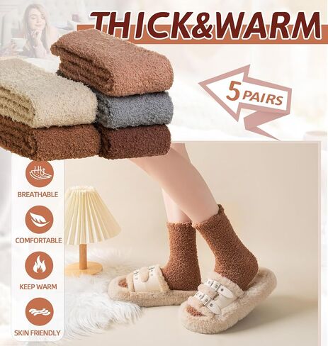 Womens Fuzzy Socks Warm Fluffy Winter Cozy Thick Plush Microfiber Slipper Soft Home Sleeping Socks 5 Pairs in Kuwait
