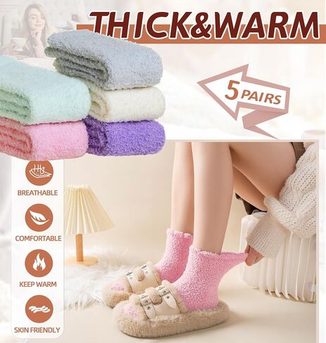 Womens Fuzzy Socks Warm Fluffy Winter Cozy Thick Plush Microfiber Slipper Soft Home Sleeping Socks 5 Pairs in Kuwait