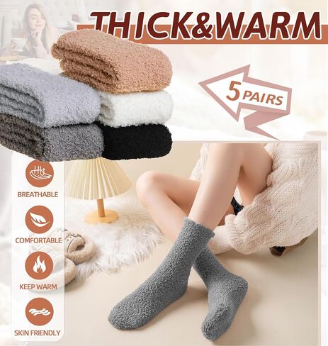 Womens Fuzzy Socks Warm Fluffy Winter Cozy Thick Plush Microfiber Slipper Soft Home Sleeping Socks 5 Pairs in Kuwait