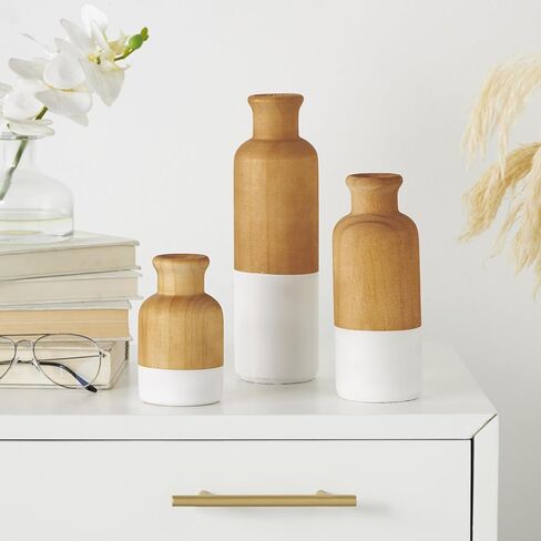 DECO 79 Wood Disrodative Proot Colorblock Centerpiece مزهريات مع قواعد بيضاء ، مجموعة من 3 مزهريات للديكور المنزلي 10 "، 8" ، 5 "H ، Brown in Saudi Arabia