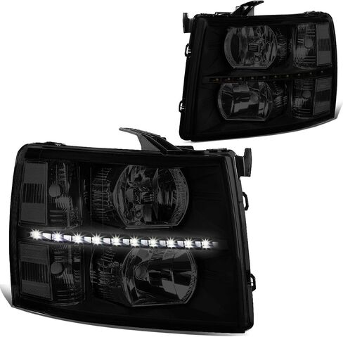 DNA MOTORING Pair LED DRL Headlights Compatible with 07-13 Chevy Silverado 1500 07-14 Silverado 2500 3500 HD, Black/Smoked/Clear, HL-LED-CSIL07-BK-SM-CL1 in Saudi Arabia