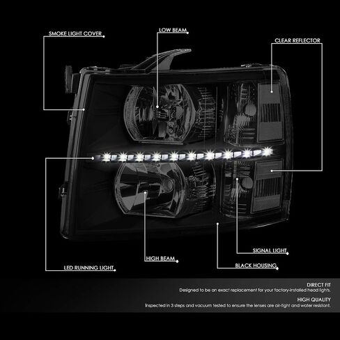 DNA MOTORING Pair LED DRL Headlights Compatible with 07-13 Chevy Silverado 1500 07-14 Silverado 2500 3500 HD, Black/Smoked/Clear, HL-LED-CSIL07-BK-SM-CL1 in Saudi Arabia