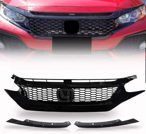 PartsFlow Front Bumper Grille Honeycomb Grill Glossy Black With Trim For 2016 2017 2018 Honda Civic in Saudi Arabia