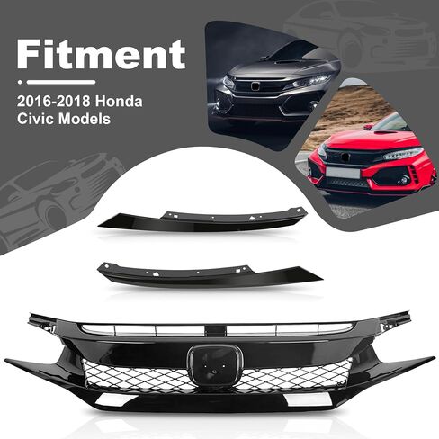 PartsFlow Front Bumper Grille Honeycomb Grill Glossy Black With Trim For 2016 2017 2018 Honda Civic in Saudi Arabia