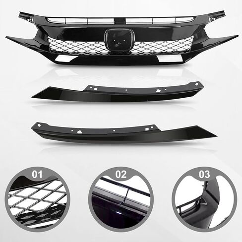 PartsFlow Front Bumper Grille Honeycomb Grill Glossy Black With Trim For 2016 2017 2018 Honda Civic in Saudi Arabia