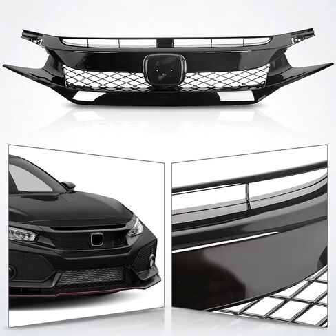 PartsFlow Front Bumper Grille Honeycomb Grill Glossy Black With Trim For 2016 2017 2018 Honda Civic in Saudi Arabia