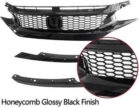 PartsFlow Front Bumper Grille Honeycomb Grill Glossy Black With Trim For 2016 2017 2018 Honda Civic in Saudi Arabia
