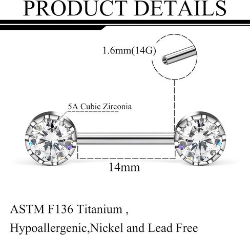 Ruifan Titanium Internally Threaded Nipple Piercing Jewelry Ring Jeweled CZ Opal Tongue Rings Straight Barbell Body Piercing Jewelry for Women Men 14G 14MM With Straight Piercing Taper in Saudi Arabia
