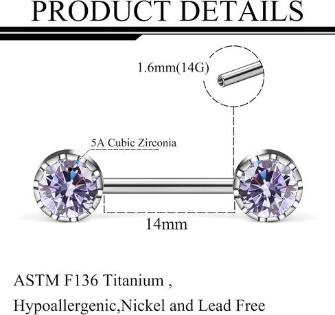 Ruifan Titanium Internally Threaded Nipple Piercing Jewelry Ring Jeweled CZ Opal Tongue Rings Straight Barbell Body Piercing Jewelry for Women Men 14G 14MM With Straight Piercing Taper in Saudi Arabia