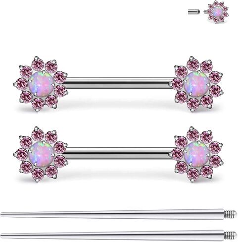 Ruifan Titanium Internally Threaded Nipple Piercing Jewelry Ring Jeweled CZ Opal Tongue Rings Straight Barbell Body Piercing Jewelry for Women Men 14G 14MM With Straight Piercing Taper in Saudi Arabia