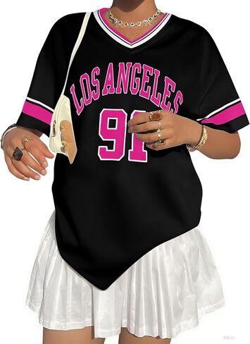 Football Jersey Women V-Neck Game Day Shirt Football Team Fans T Shirts Striped Graphic Tee Casual Short Sleeve Top in Kuwait