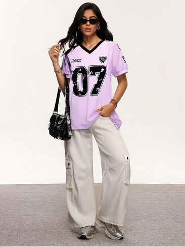 Football Jersey Women V-Neck Game Day Shirt Football Team Fans T Shirts Striped Graphic Tee Casual Short Sleeve Top in Kuwait
