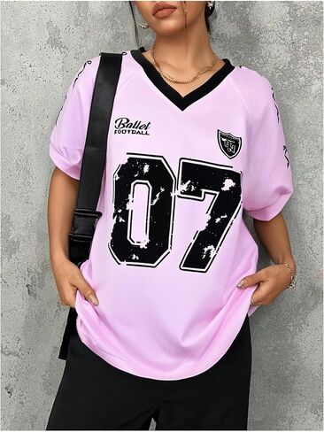 Football Jersey Women V-Neck Game Day Shirt Football Team Fans T Shirts Striped Graphic Tee Casual Short Sleeve Top in Kuwait