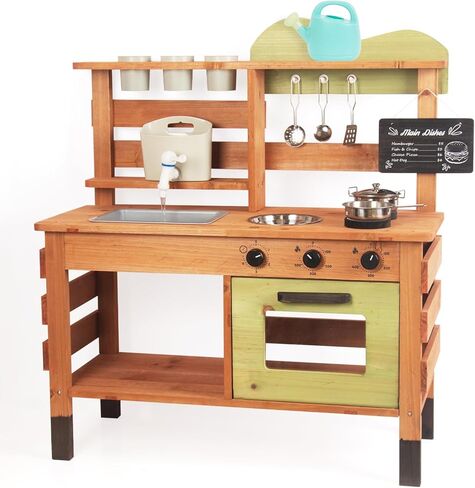 Outdoor Kitchen for Kids,Mud Kitchen Wooden Toy Playset with Wheels, Kettle, Sink, Wooden Plant Container and Kitchen Accessories, for Children Ages 3+ Years in Saudi Arabia
